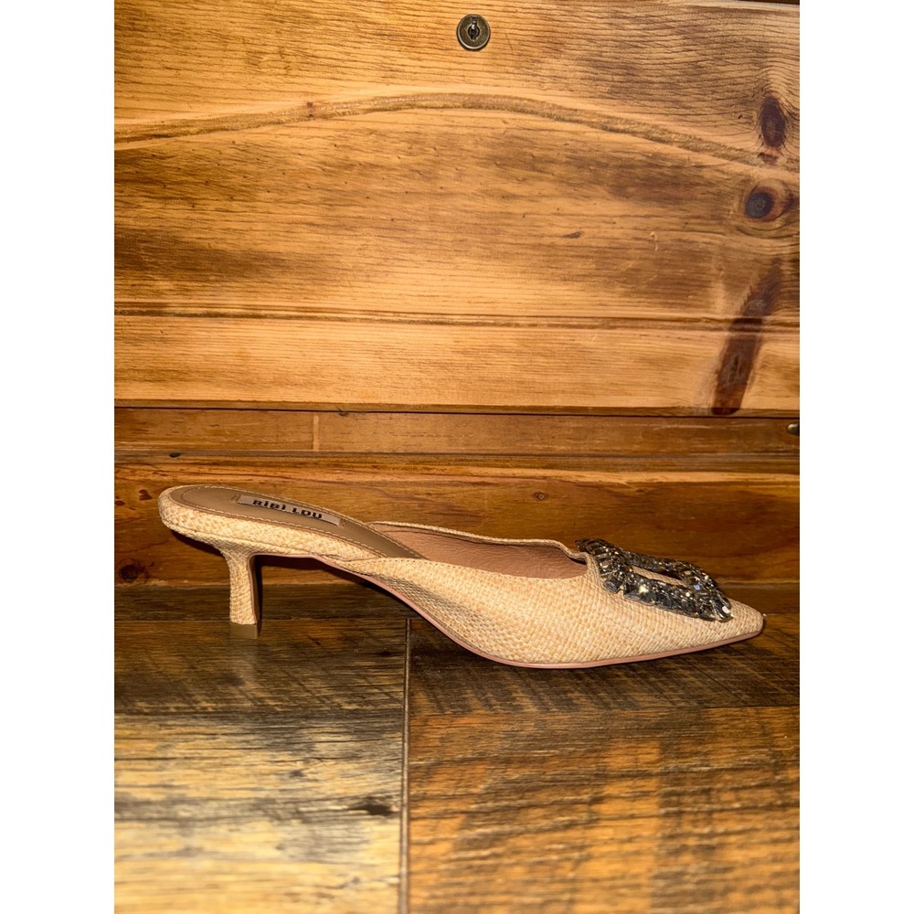 Bibi Lou Heel In Cream Raffia Crystal Buckle Kitten Heel Mules Pointed Toe 7.5 - Picture 11 of 16